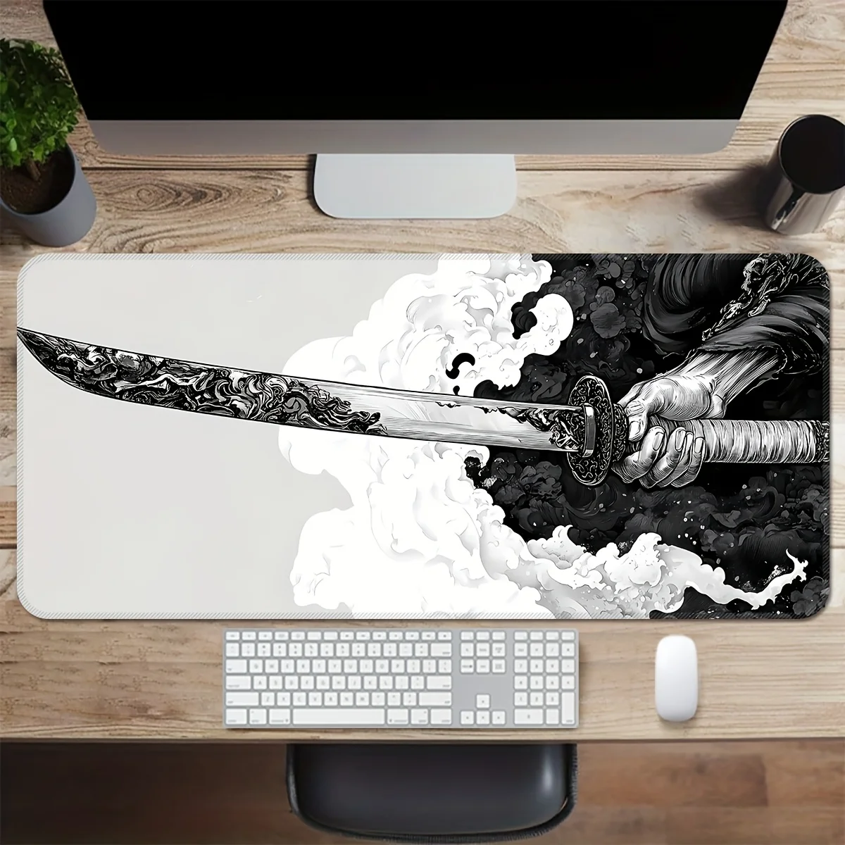 Pc Gaming White - Extra großes Gaming-Mauspad mit schwarz-weißem Schwertdruck,