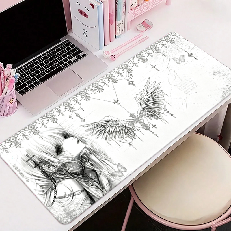 Pc Gaming White - Leder-Mauspad Schwarz Weiß Anime Ästhetik Engel-Mädchen