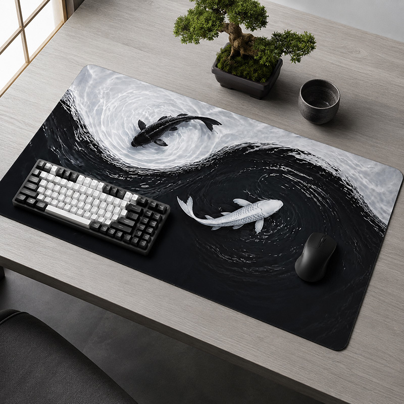 Pc Gaming White - Schwarz-Weißes Koi-Mauspad Gamer XL Großes Home-Mauspad
